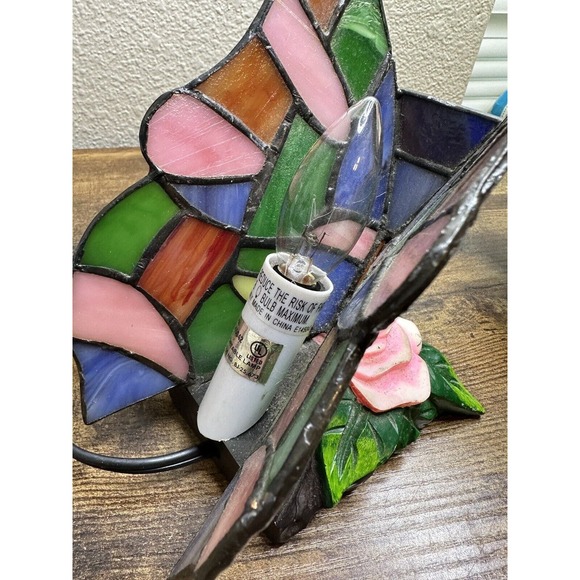 BUTTERFLY Tiffany Style Stained Glass Table Shelf Lamp Night Light 7" Tall - Picture 6 of 6